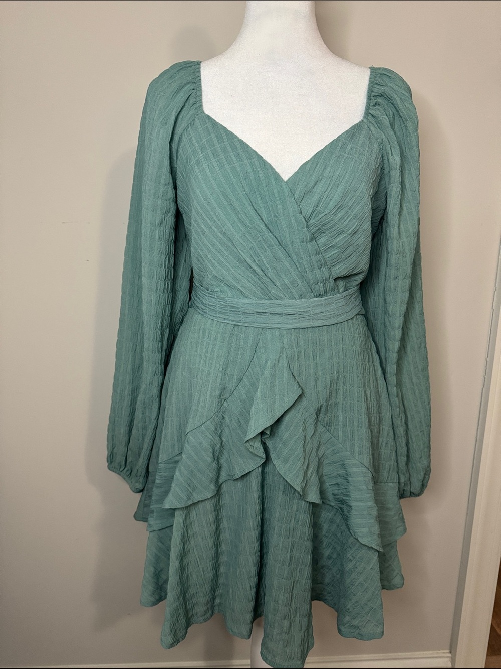 Trixxi Sage Green Long Sleeve Ruffle Wrap Dress